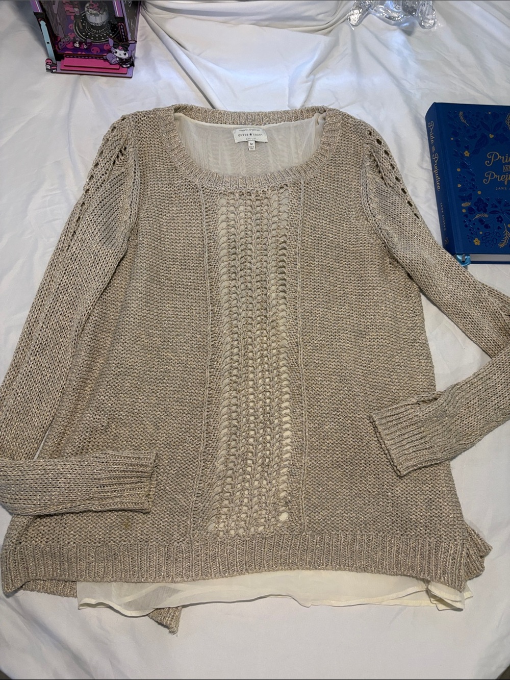 Lucky Brand Beige Scoop Neck Cable Knit Pullover